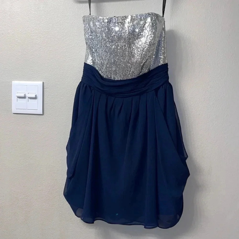 Bill Levkoff strapless dress. Navy blue + sequence